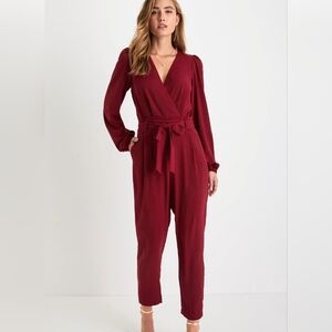 NWT!!! Lulu's In the City Burgundy Surplice Long Sleeve jumpsuit- size S